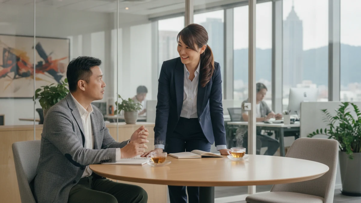 一位專業的業務顧問與客戶在現代辦公室中進行諮詢,背景是 HOST888 品牌元素的模糊呈現,營造信任與專業感。