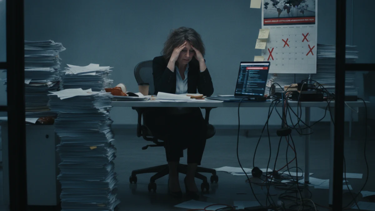 一位企業主面對一堆堆文件和電腦螢幕,顯示著網站重做的高成本、漫長工期和資料流失風險,表情焦慮。