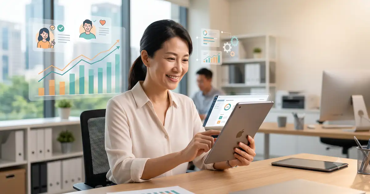 一位自信的中小企業主透過平板電腦管理業務,背景是成長的趨勢圖與滿意的客戶