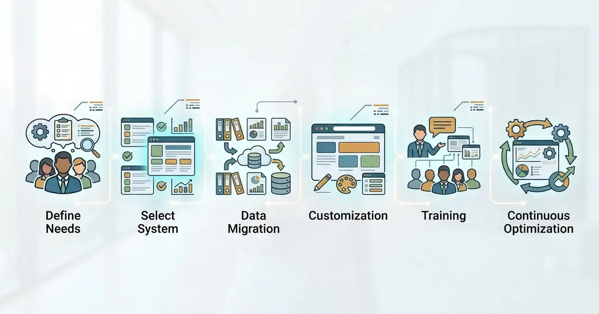 流程圖表展示 CRM 系統建立的六個步驟,從需求評估到持續優化