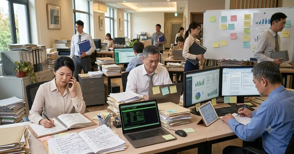 辦公室內,業務團隊成員各自使用不同工具記錄客戶資訊,導致資料不一致與溝通斷層