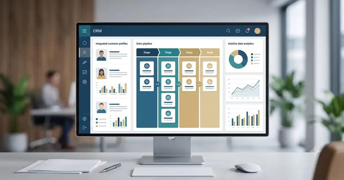 現代化的 CRM 系統介面,清晰展示客戶資料、銷售漏斗與數據分析儀表板
