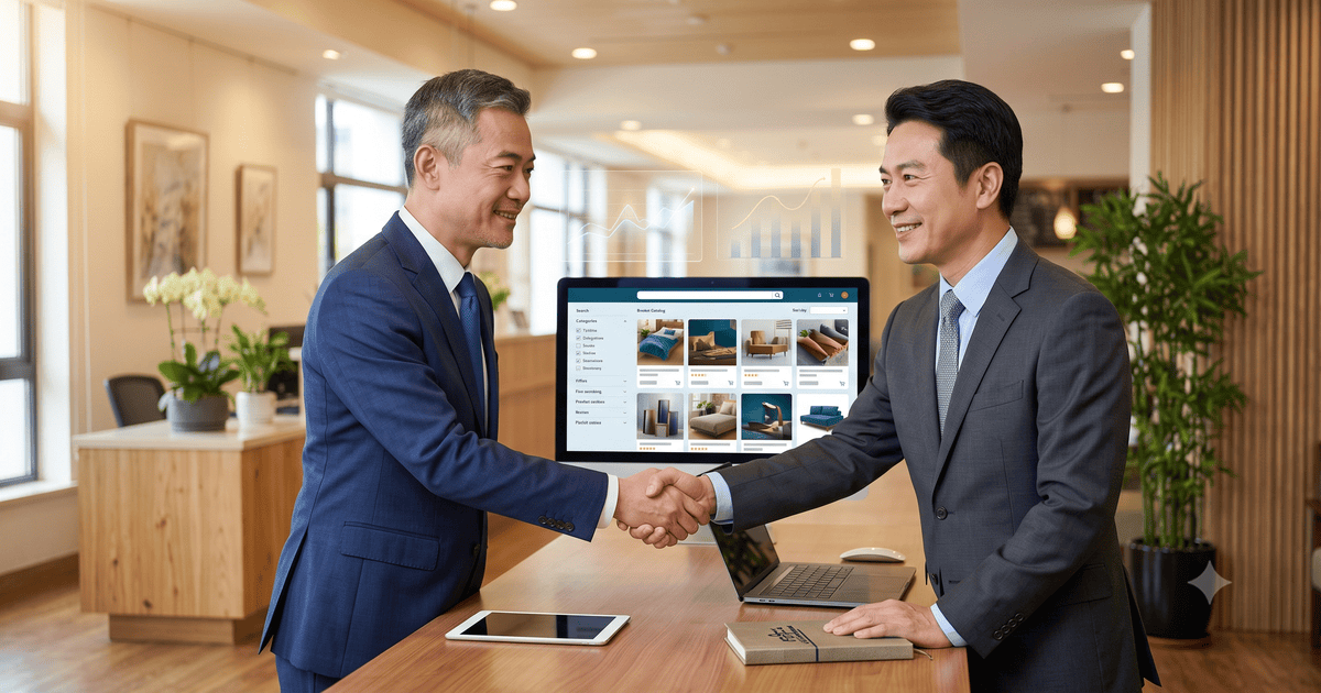 一位專業的HOST888顧問,面帶微笑與企業主握手,背景是現代辦公室和數位圖表,象徵合作共贏和數位轉型。