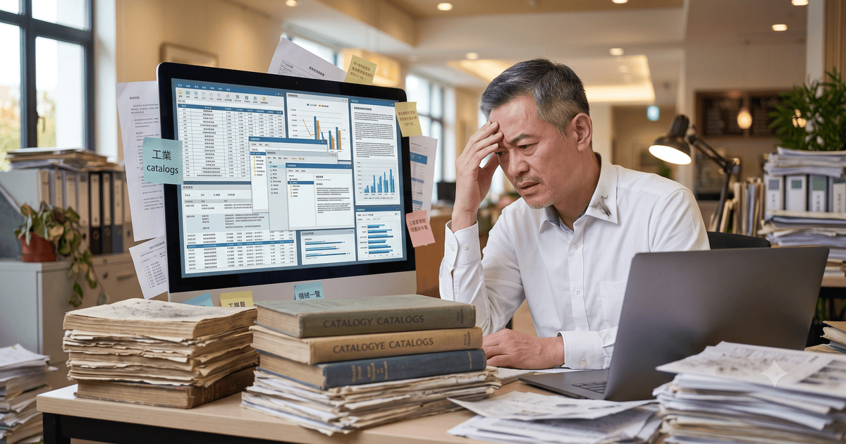 一位企業員工面對堆積如山的紙本文件和複雜的電腦螢幕,表情困惑,展現資訊更新不及時與效率低下的痛點。